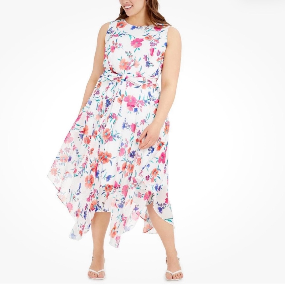 Calvin Klein White Floral High-Low Tie-Waist Dress size 22